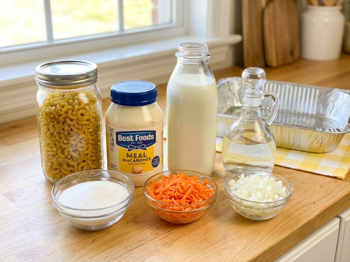 A tidy lineup of ingredients for Hawaiian macaroni salad on a bright kitchen counter, including elbow macaroni, mayonnaise, milk, vinegar, sugar, carrots, and onions