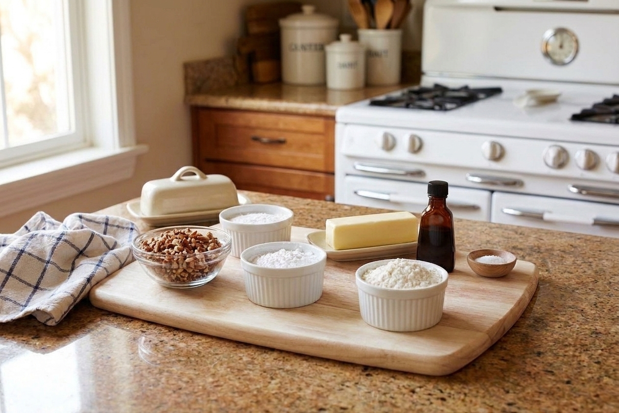 A tidy lineup of ingredients for snowball cookies including butter, powdered sugar, flour, chopped nuts, vanilla, and salt on a bright kitchen counter