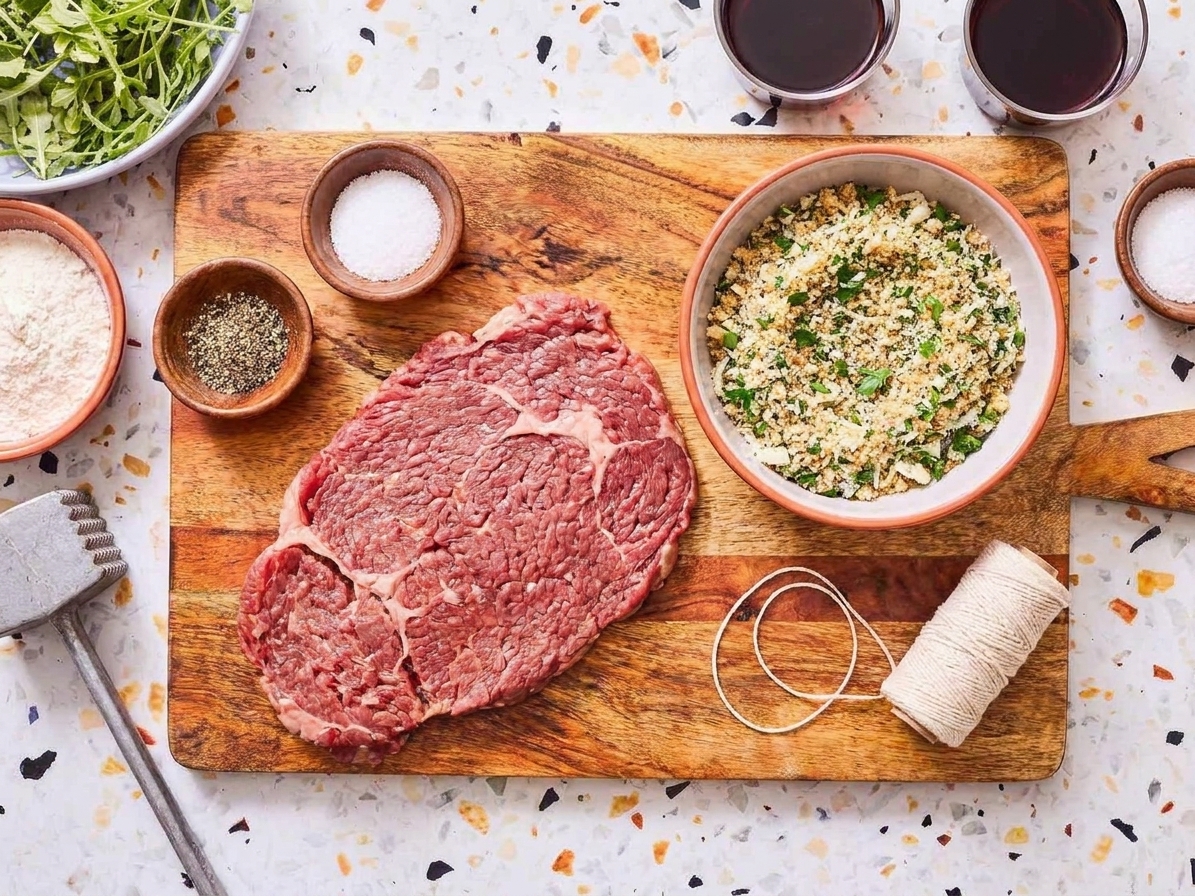 A tidy setup of braciole ingredients with a bowl of breadcrumb, herb, and cheese filling ready on the kitchen counter