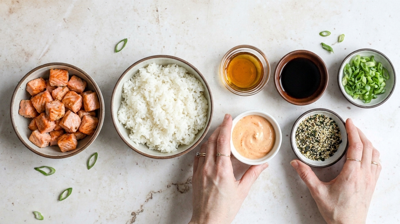 A tidy setup of salmon sushi bake ingredients on a kitchen counter with small bowls of sauces and seasonings ready to use