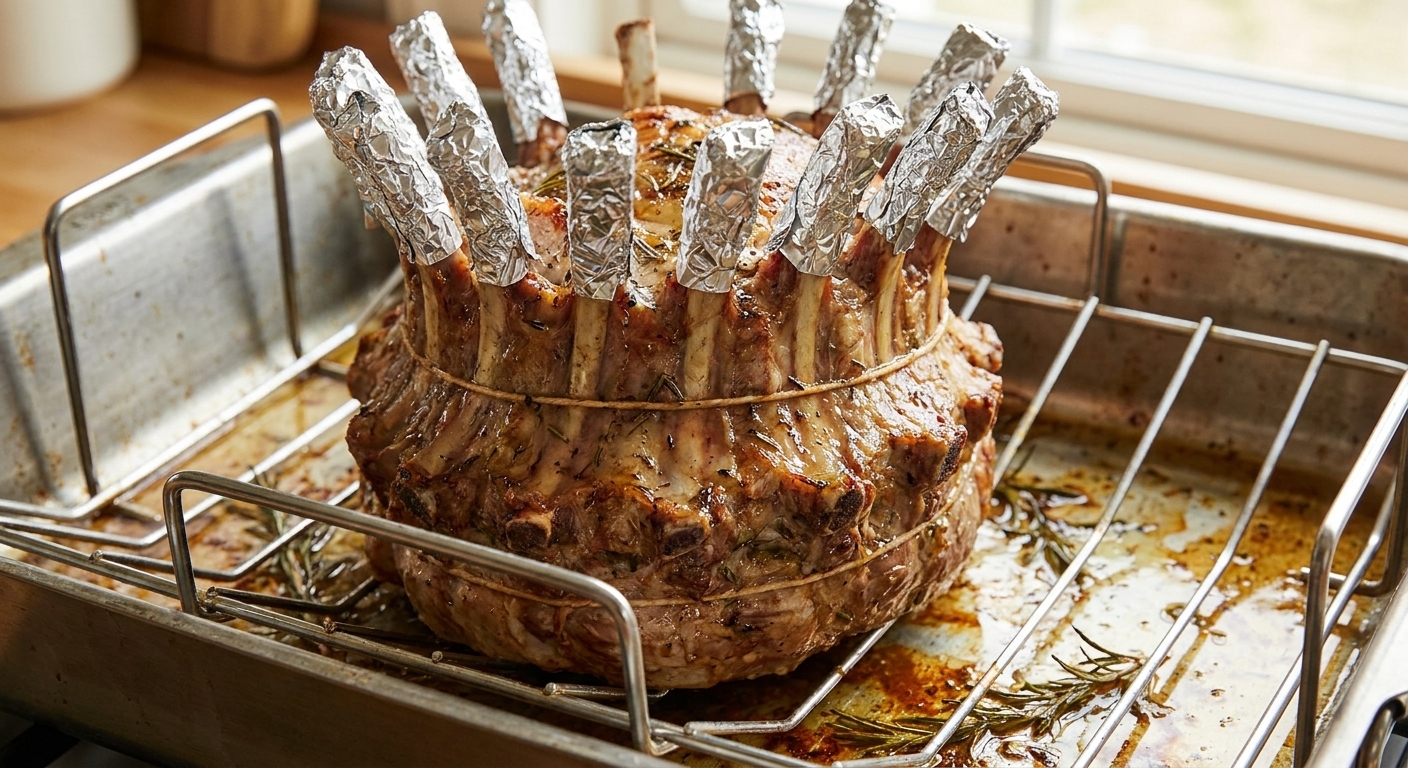 A tied crown roast of pork with each rib bone wrapped in aluminum foil, resting on a roasting rack in a pan, close-up photo