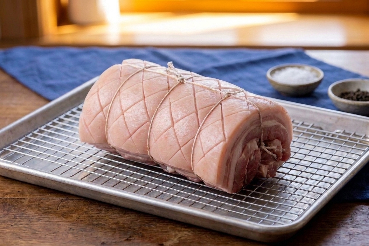 A tied pork belly roll sitting on a wire rack over a sheet pan, skin-side up, ready for roasting