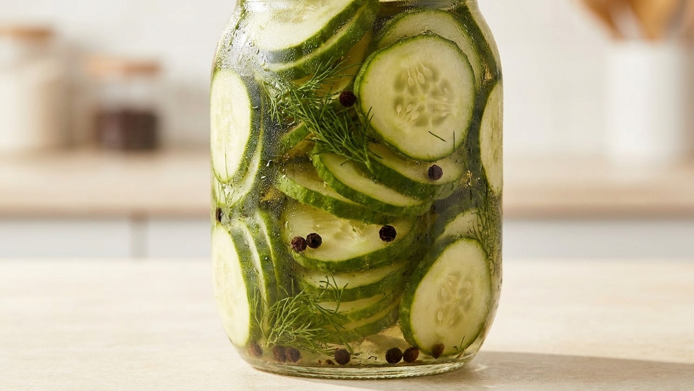 A tight, detailed view of crisp pickled cucumber slices with dill and peppercorns in a glass jar, with light condensation from the refrigerator