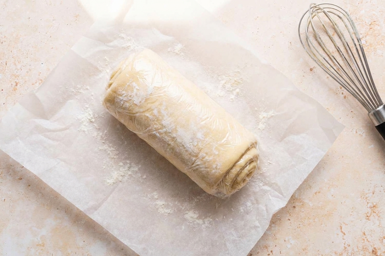 A tightly wrapped laminated dough log resting on parchment paper on a kitchen counter