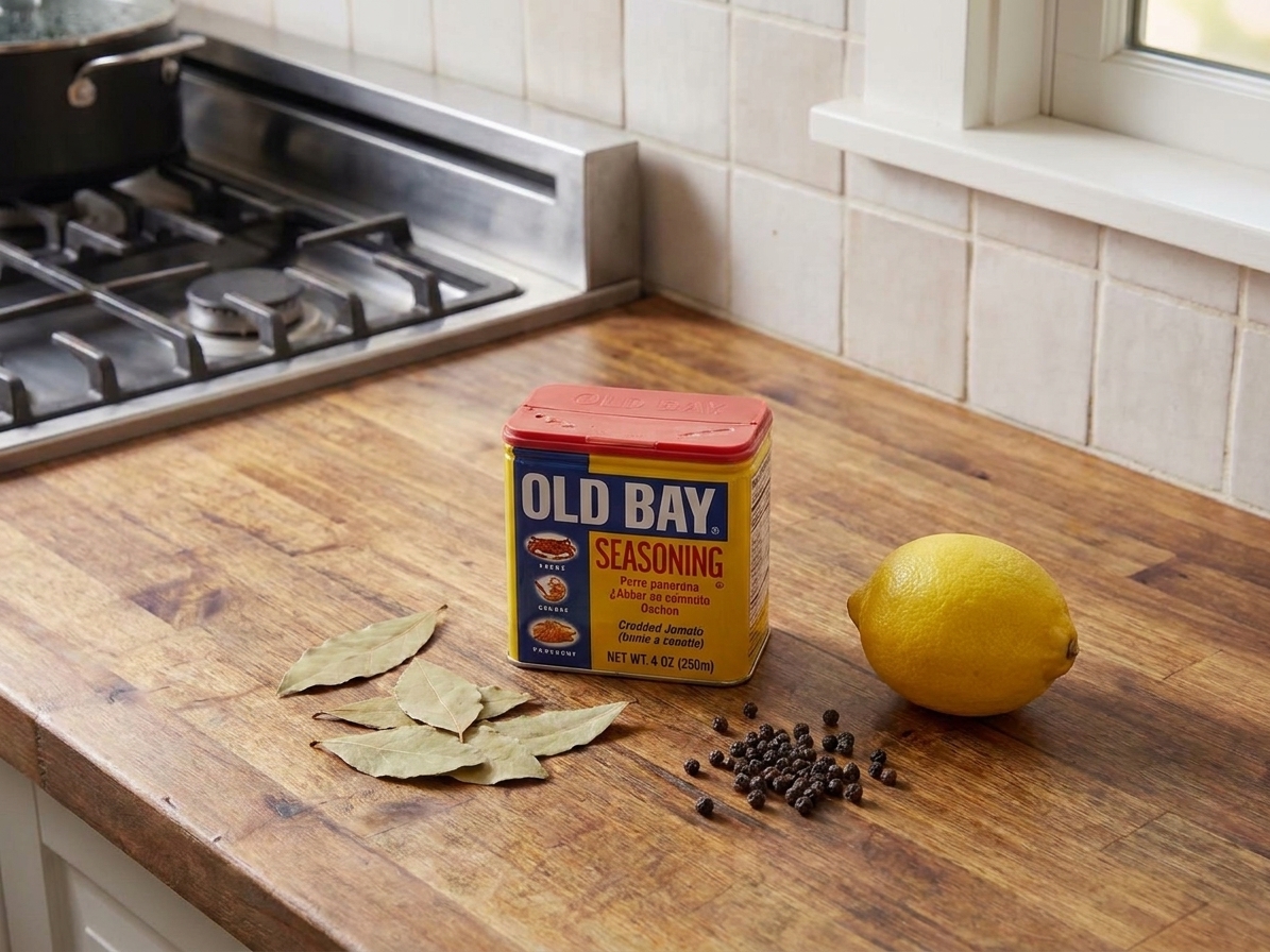 A tin of Old Bay seasoning on a kitchen counter beside fresh lemon, bay leaves, and black pepper