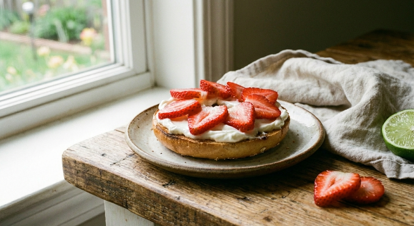 A toasted bagel topped with cream cheese and sliced strawberries on a small plate in morning light
