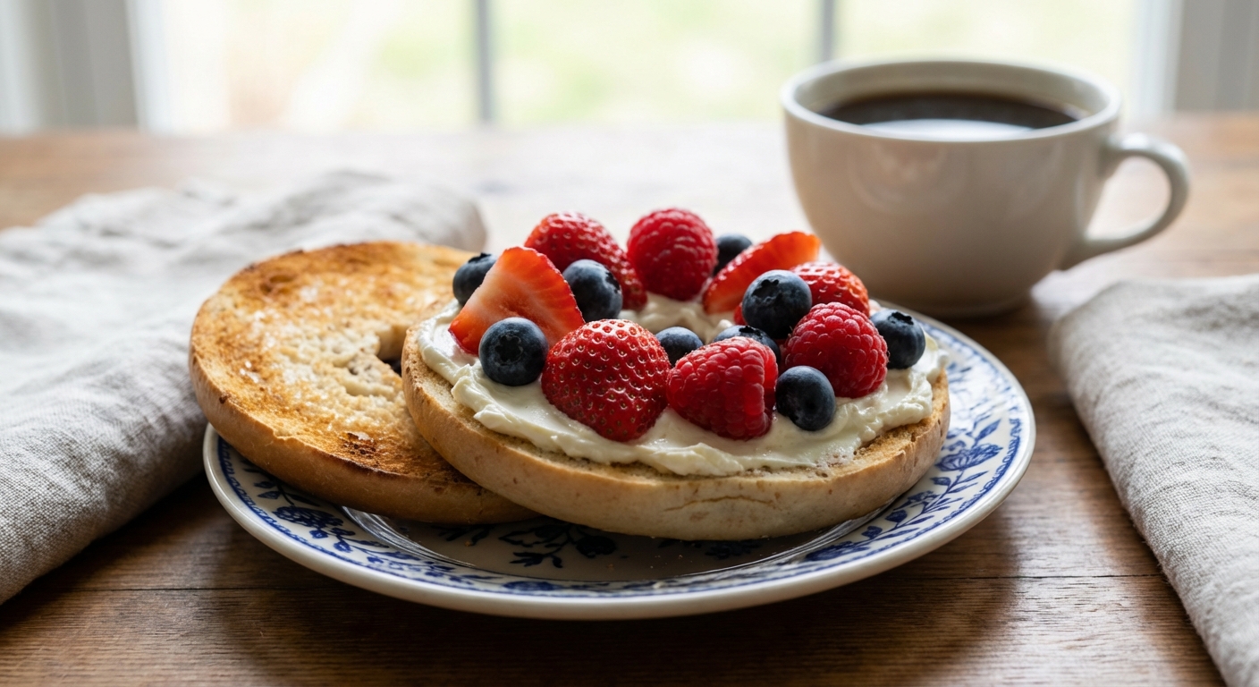 A toasted bagel with cream cheese and fresh berries on a small breakfast plate