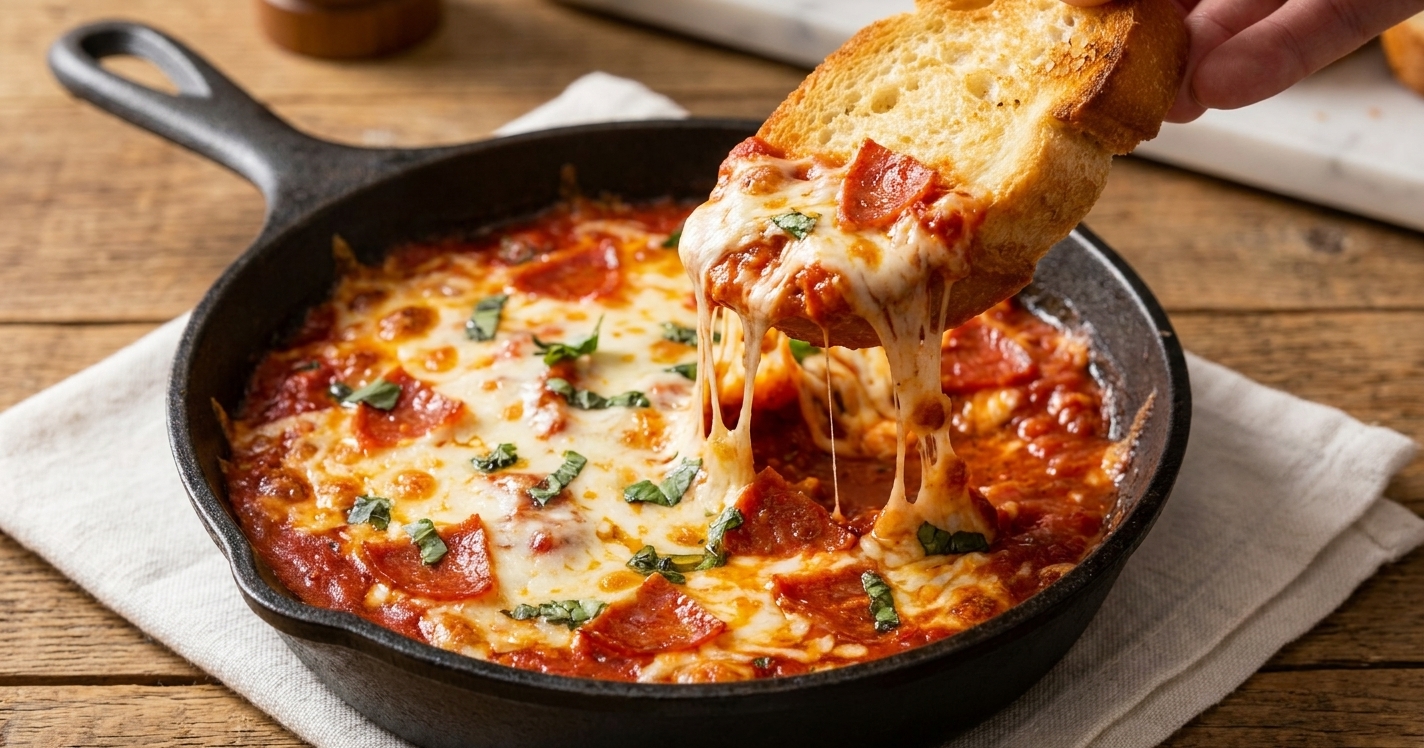 A toasted baguette slice scooping into a hot skillet of pizza dip with stretchy mozzarella and marinara
