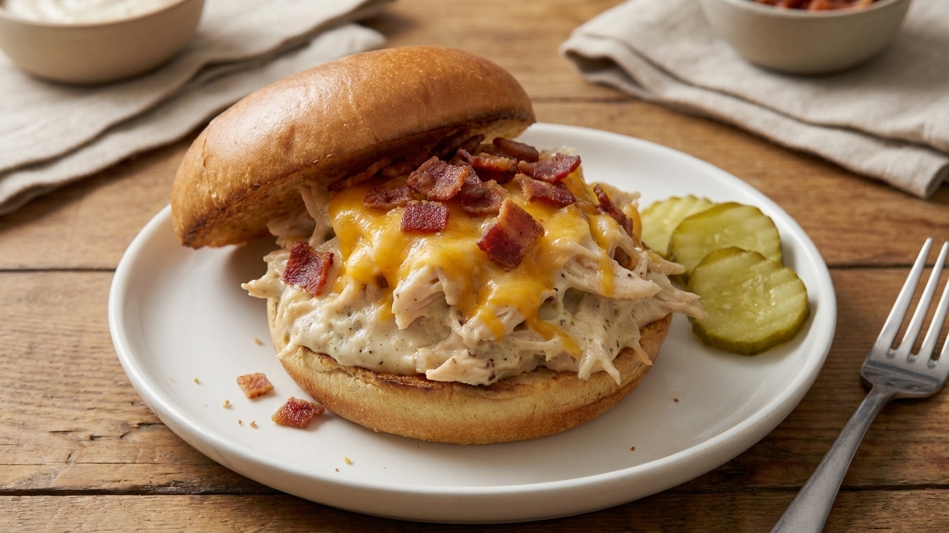 A toasted brioche bun piled high with creamy cracked chicken, melted cheddar, and chopped bacon on a white plate with pickle slices on the side, warm kitchen lighting