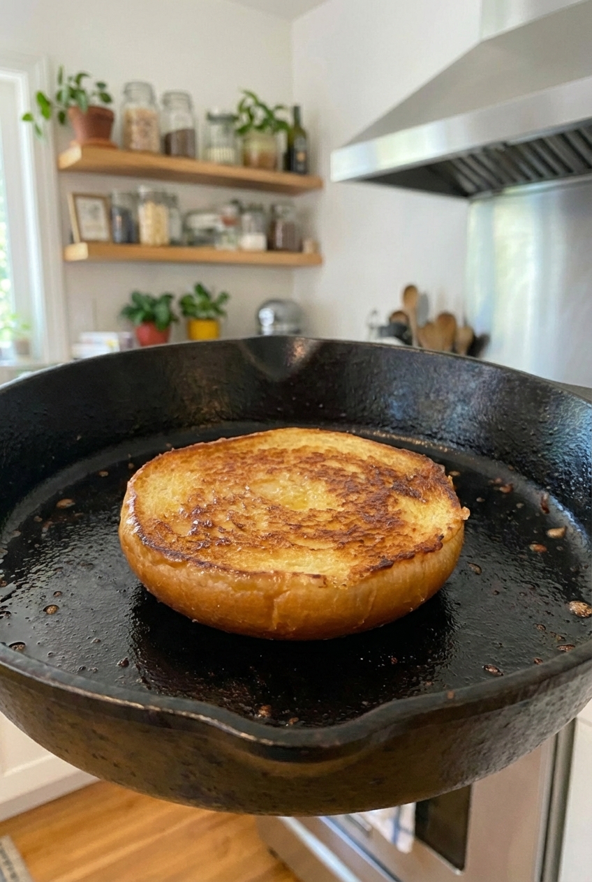 A toasted burger bun cut-side down in a skillet turning golden