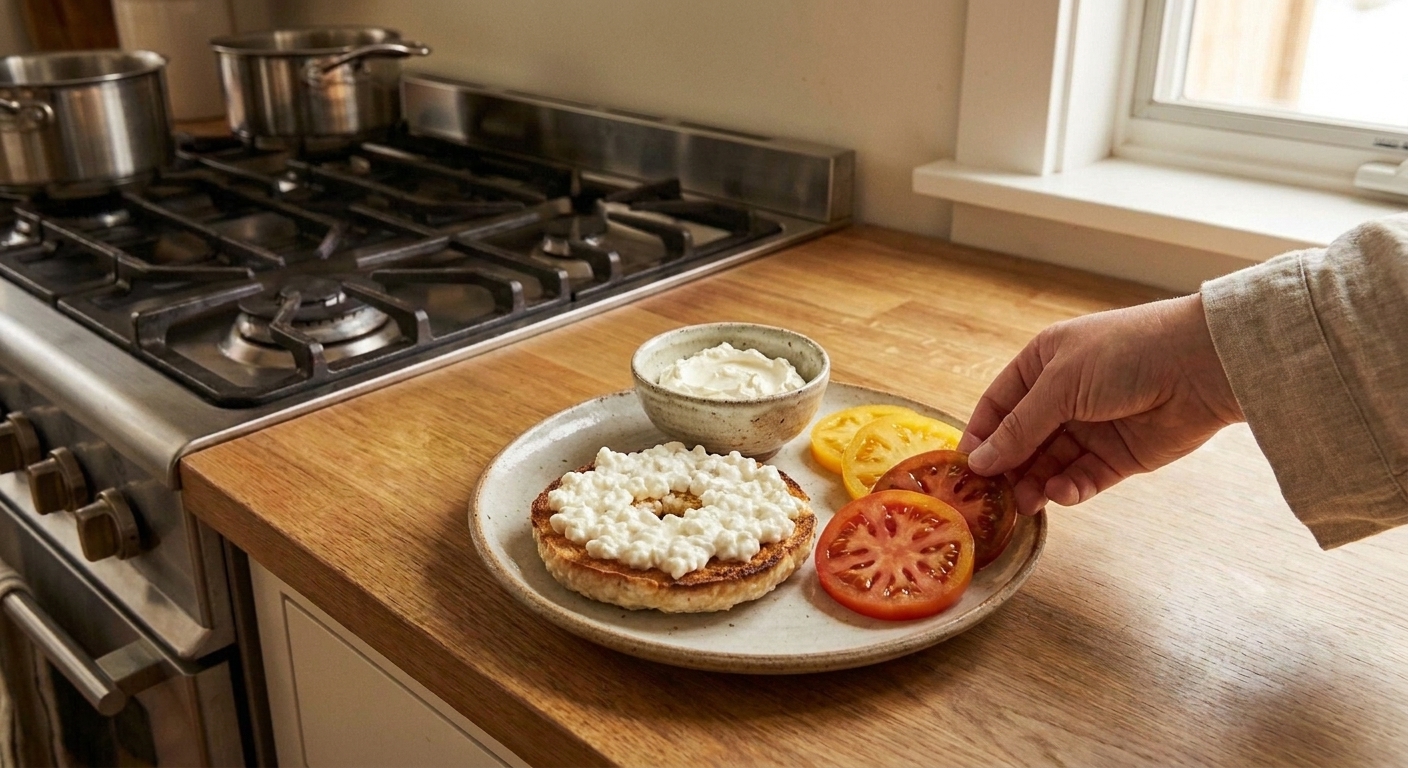 A toasted cottage cheese bagel half with crisp edges on a plate next to a small bowl of cream cheese and sliced tomatoes