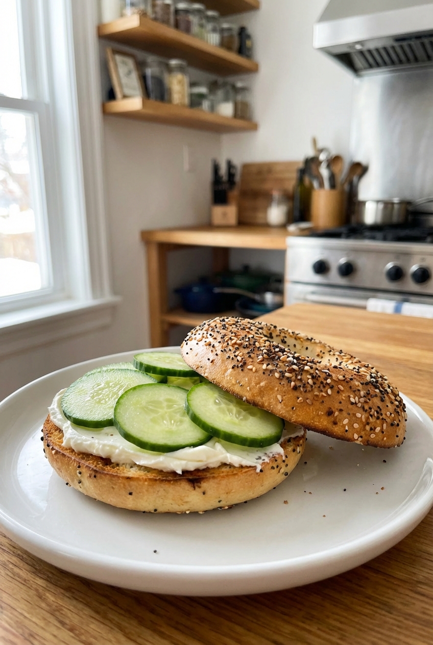 A toasted everything bagel with cream cheese and sliced cucumber on a plate