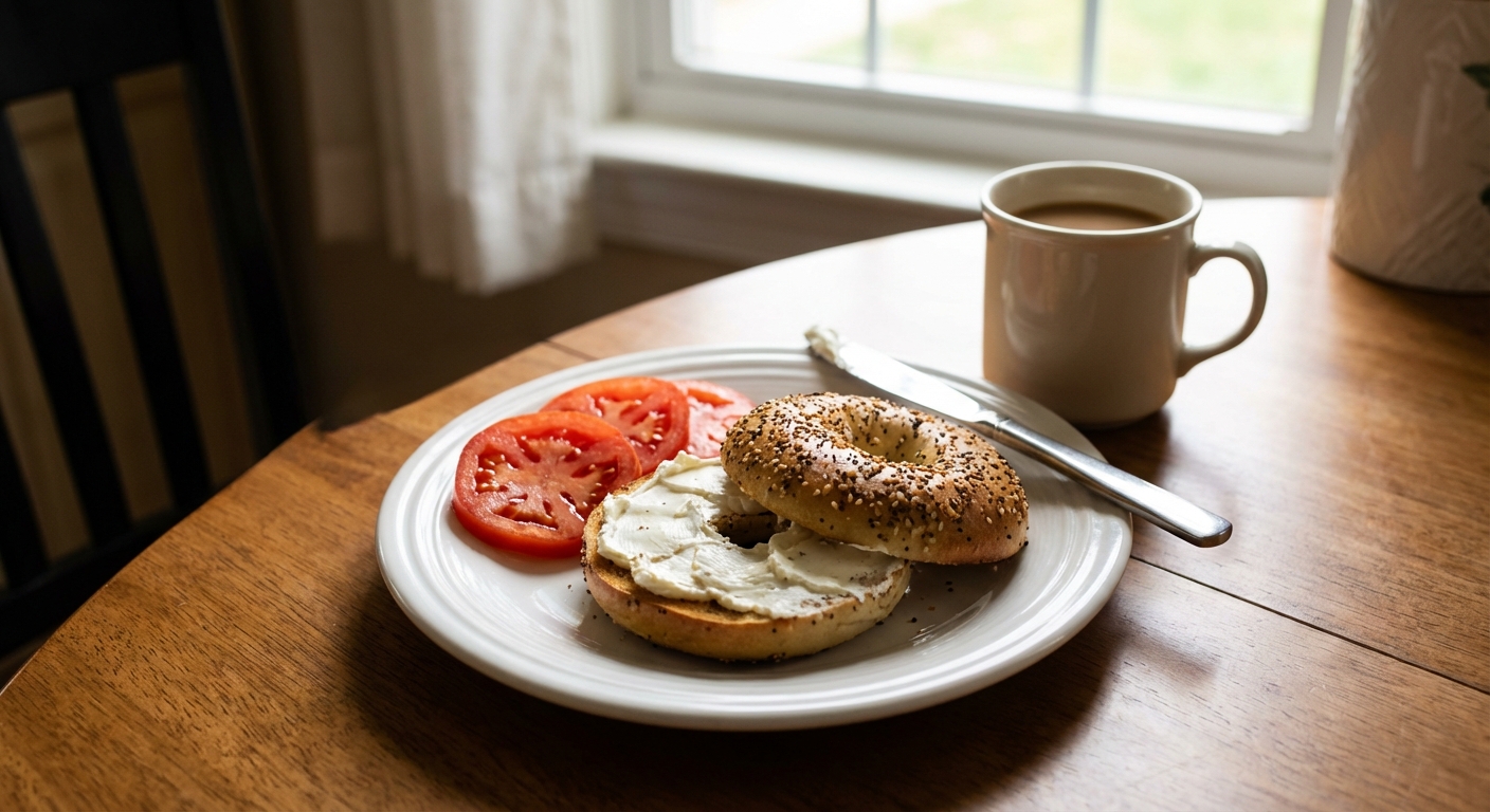A toasted everything bagel with cream cheese on a plate next to sliced tomatoes