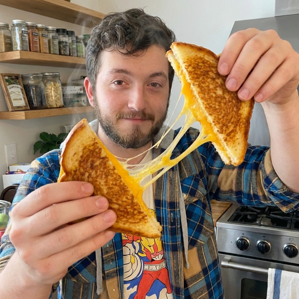 A toasted grilled cheese sandwich sliced in half with melted cheddar stretching