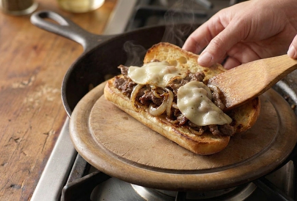 A toasted hoagie roll being filled with cheesy shaved beef and sweet onions