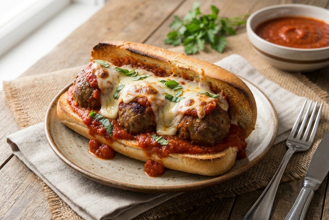 A toasted hoagie roll filled with saucy meatballs and melted mozzarella on a plate with a simple table setting