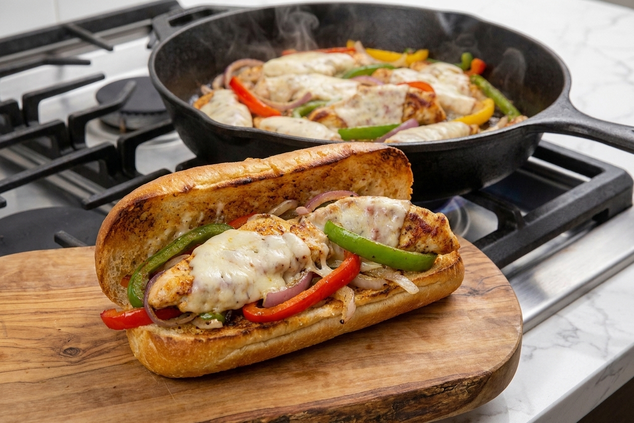 A toasted hoagie roll stuffed with cheesy chicken, sautéed peppers, and onions on a wooden cutting board with a skillet in the background