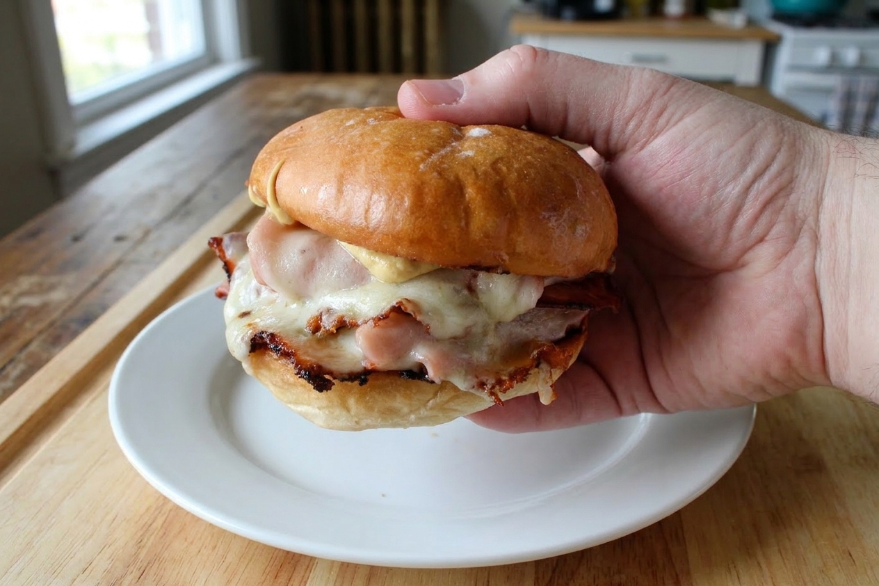 A toasted kaiser roll sandwich stuffed with crispy pan-fried mortadella and melted provolone on a simple plate on a kitchen table