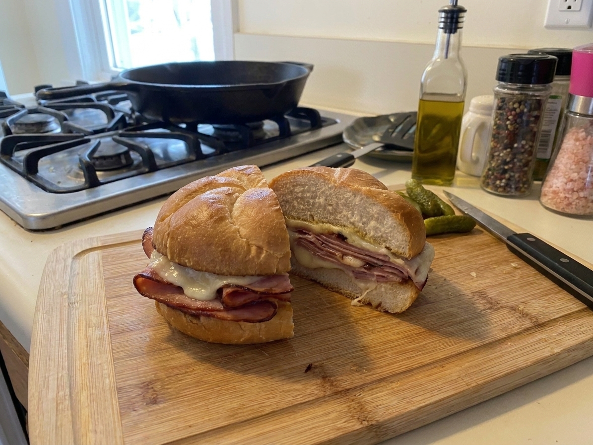 A toasted kaiser roll stuffed with crispy pan-fried mortadella and melted provolone on a wooden cutting board on a bright kitchen counter