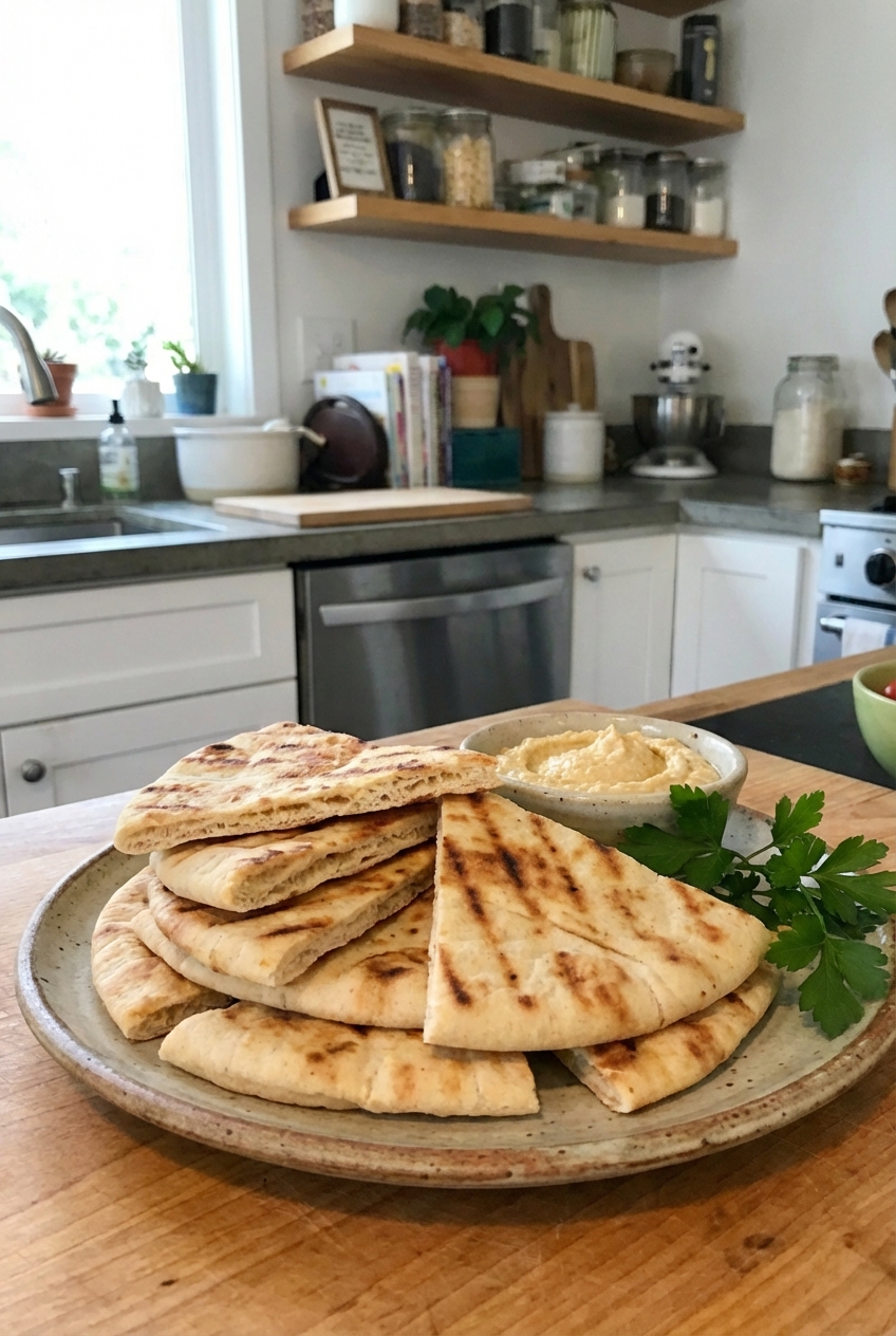 A toasted pita cut into triangles stacked on a plate