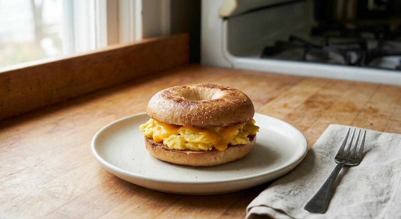 A toasted protein bagel sliced and filled with scrambled eggs and cheddar on a simple ceramic plate on a kitchen table