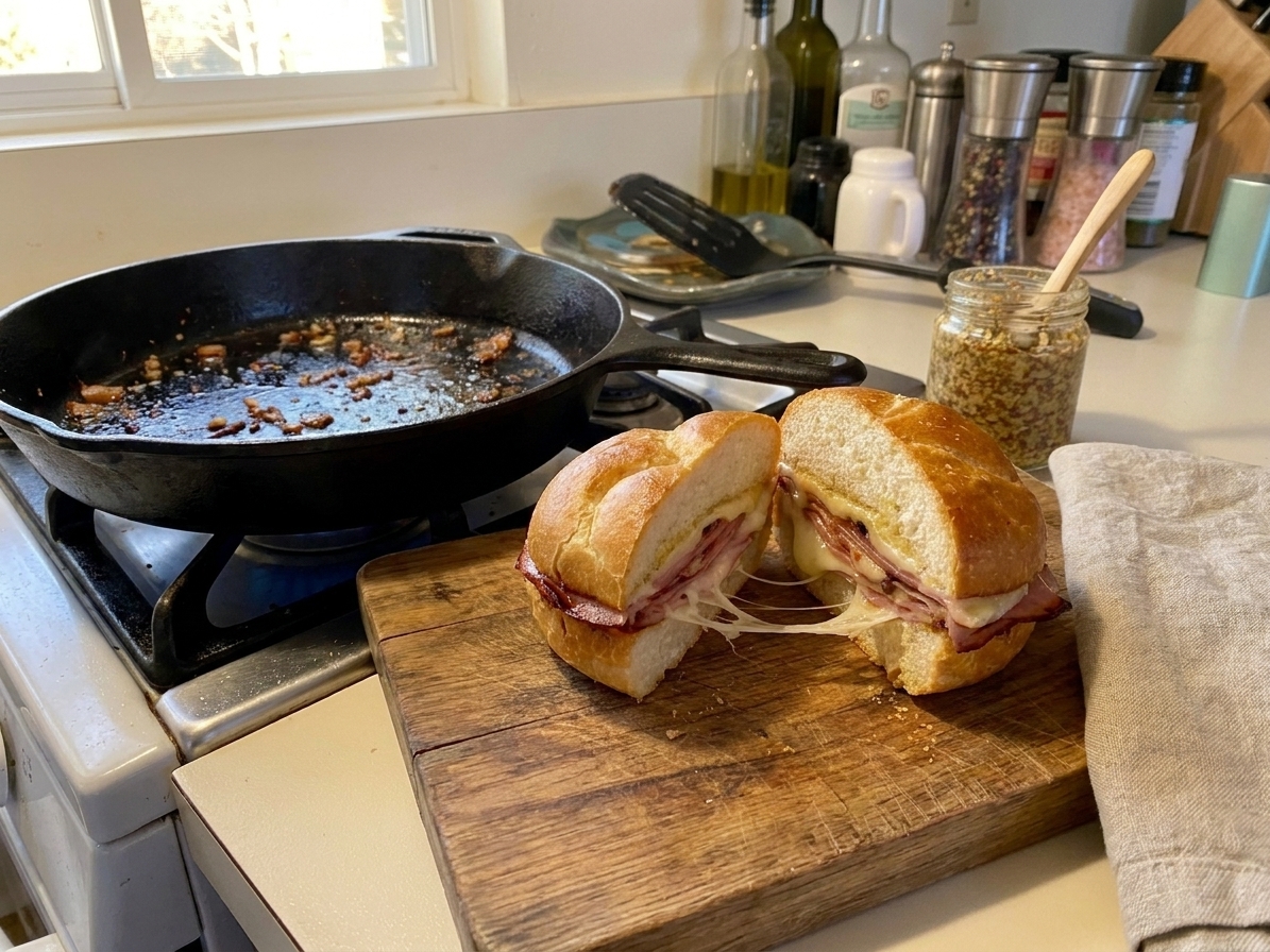 A toasted roll filled with crispy pan-fried mortadella and melted provolone on a wooden cutting board beside a cast iron skillet, warm kitchen lighting