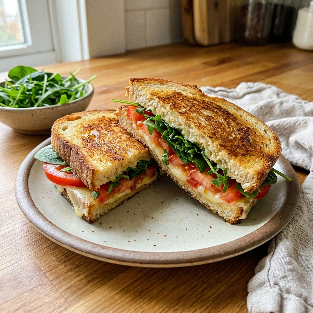A toasted sandwich cut in half with greens and sliced tomato