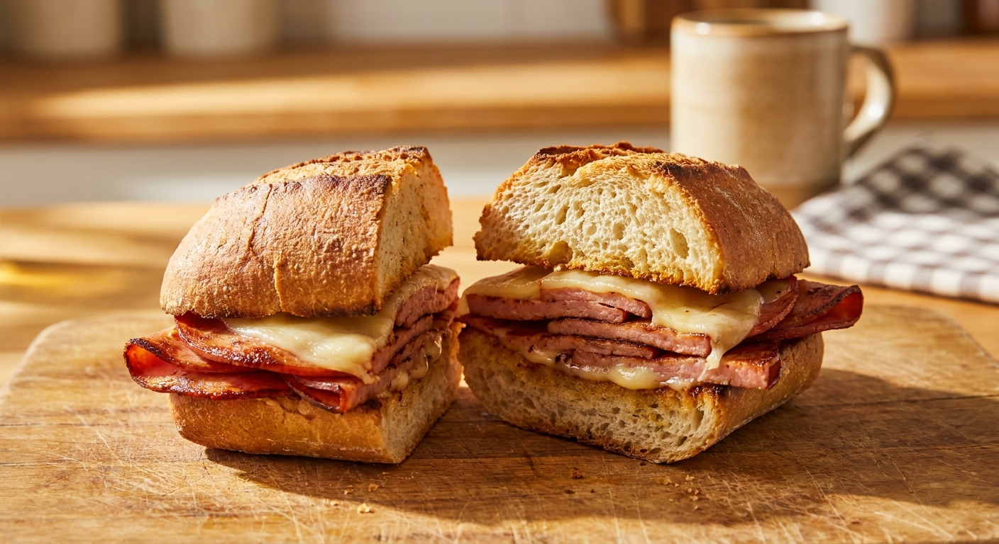 A toasted sandwich roll stuffed with crisp-edged pan-fried mortadella and melted provolone, resting on a wooden cutting board on a warm kitchen counter