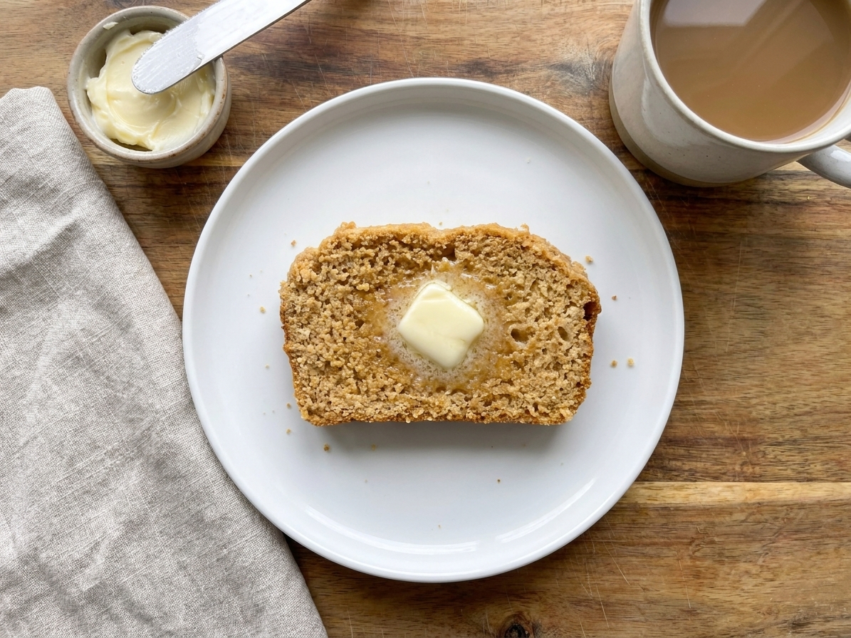 A toasted slice of almond flour bread on a plate with butter melting on top at a simple breakfast table setting