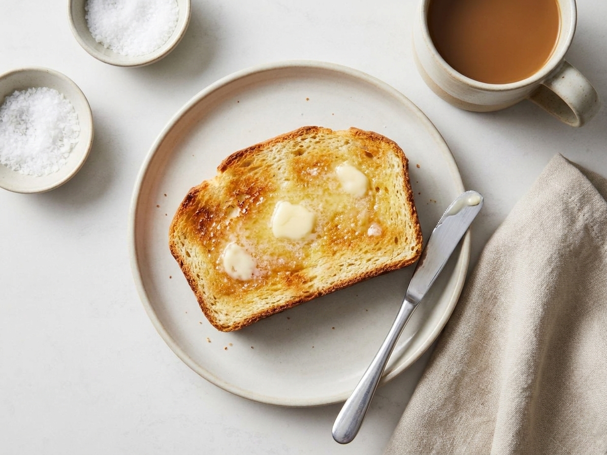 A toasted slice of cottage cheese bread on a plate with melted butter and a simple breakfast table setting