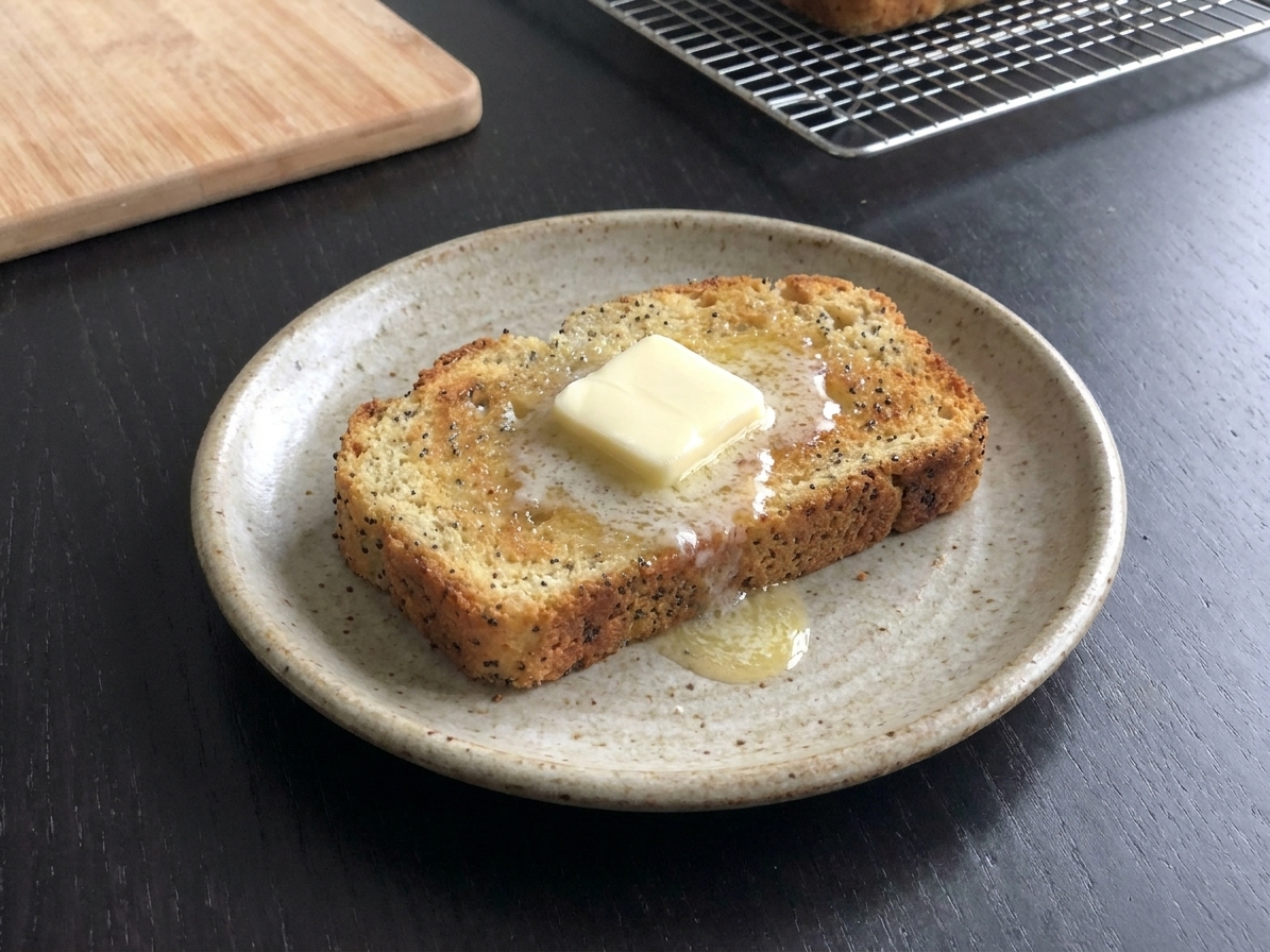 A toasted slice of low carb bread on a plate with butter melting on top at a kitchen table