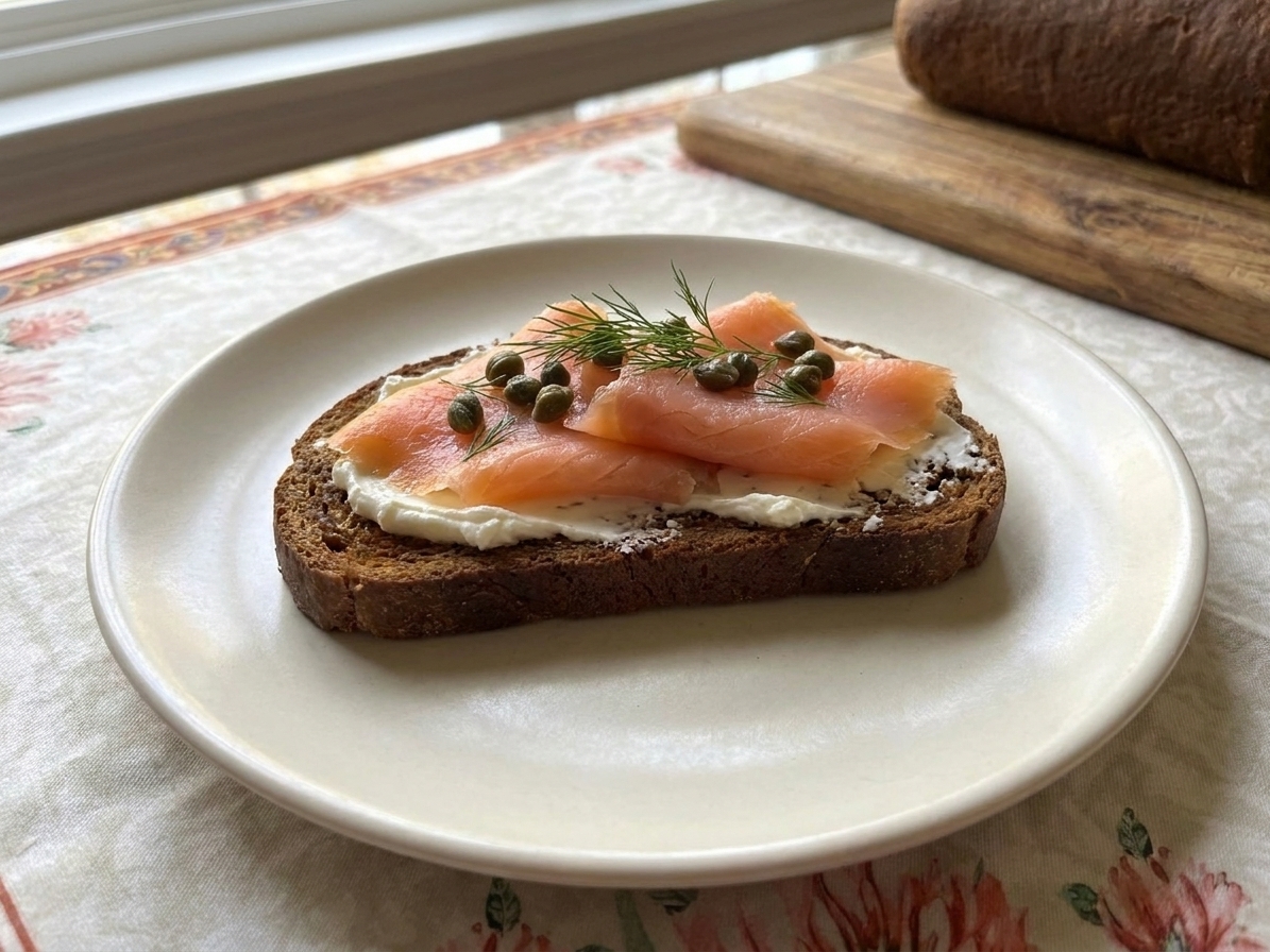A toasted slice of pumpernickel bread topped with cream cheese and smoked salmon on a simple ceramic plate