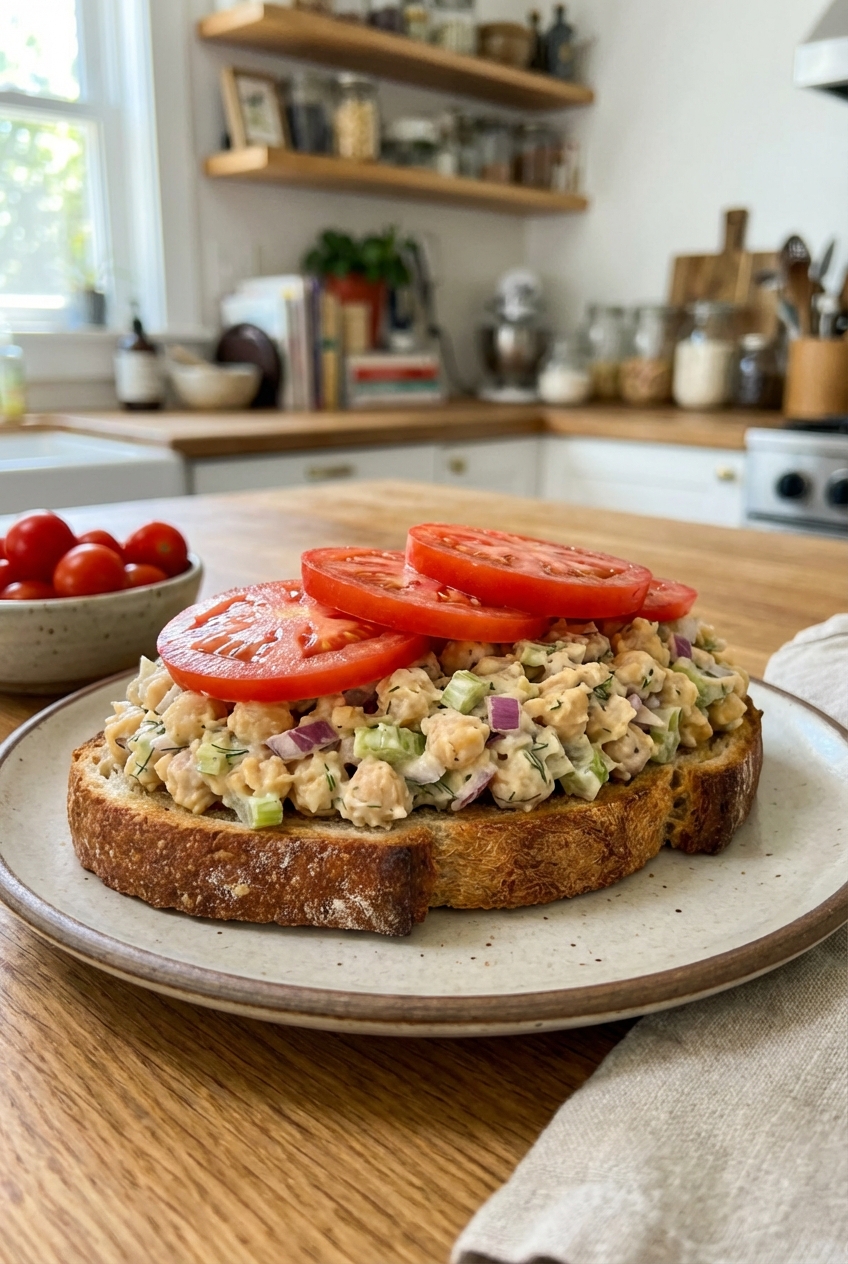 A toasted slice of sourdough bread topped with chickpea salad and sliced tomatoes on a plate