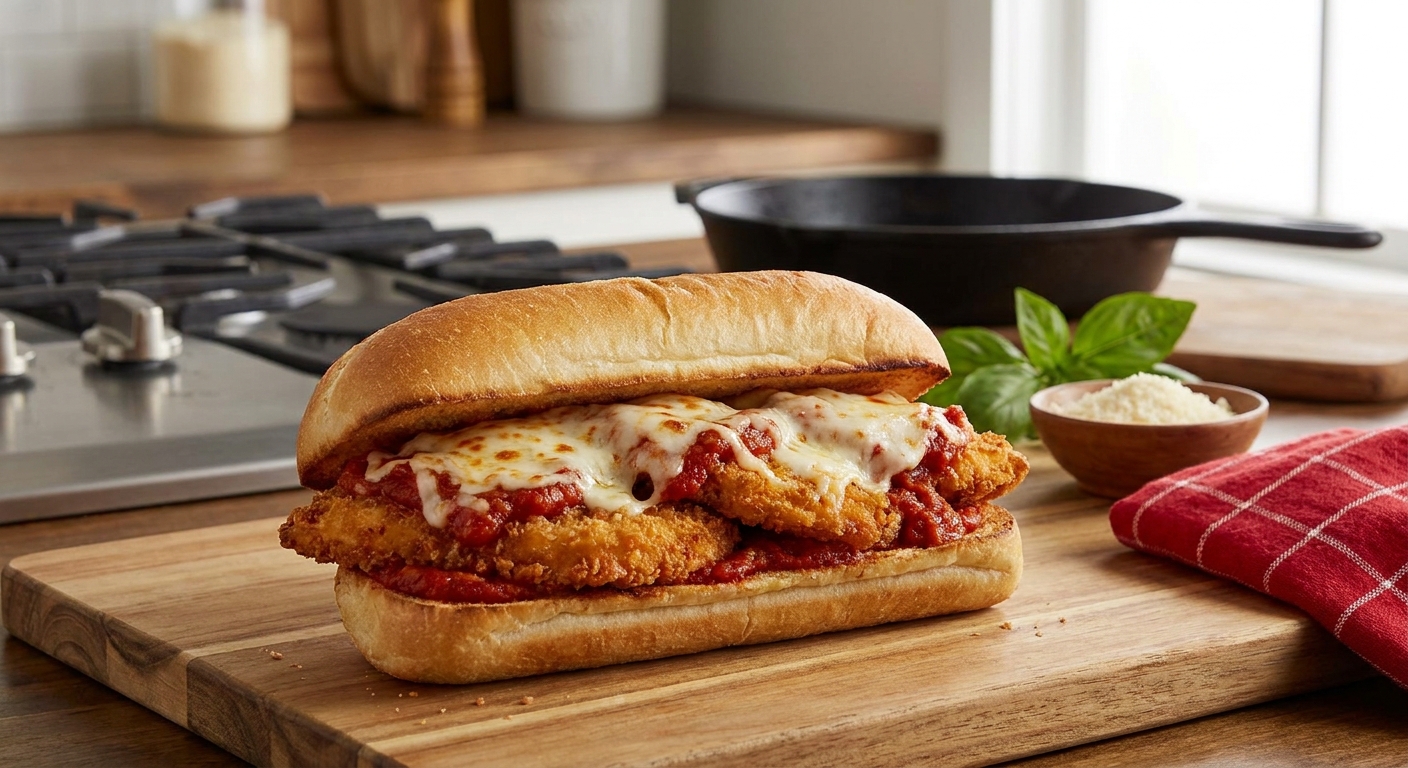 A toasted sub roll filled with crispy chicken cutlets, marinara sauce, and melted mozzarella on a wooden cutting board in a warm home kitchen