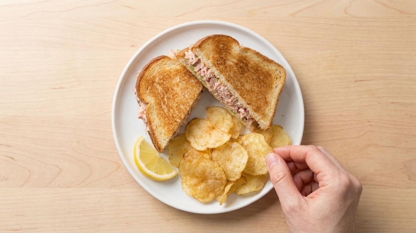 A toasted tuna salad sandwich cut in half on a ceramic plate with potato chips and a lemon wedge on a light wood table