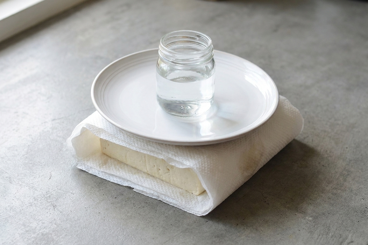A tofu block wrapped in paper towels with a plate and a small weight on top, set on a kitchen counter