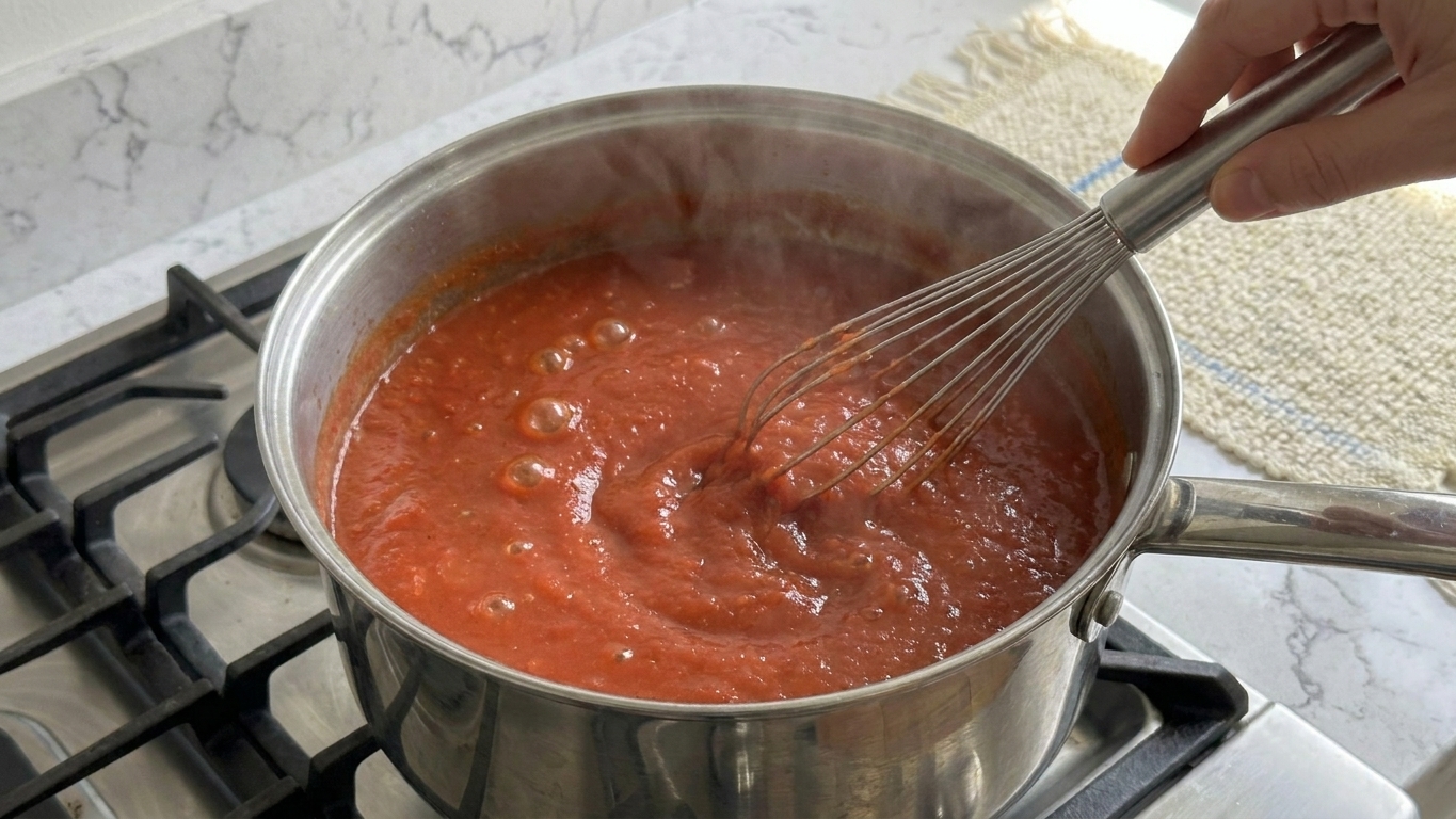 A tomato sauce being whisked in a saucepan on the stove, thickening gently with small bubbles