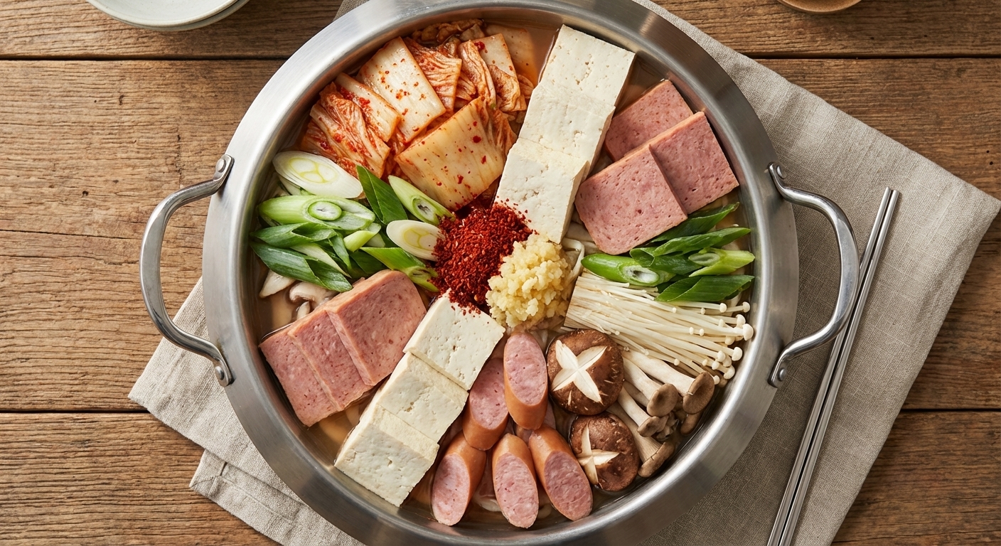 A top-down photo of a pot filled with neatly layered budae jjigae ingredients including kimchi, tofu, sliced Spam, sausage, mushrooms, and green onions before cooking, real food photography