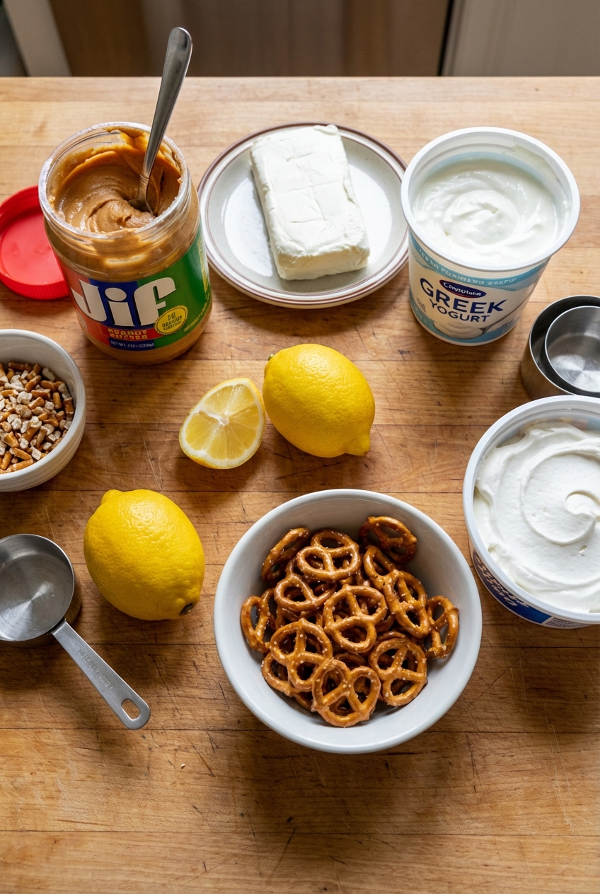 A top-down photo of ingredients for peanut butter pie including peanut butter, cream cheese, Greek yogurt, lemon, pretzels, and whipped topping on a kitchen counter