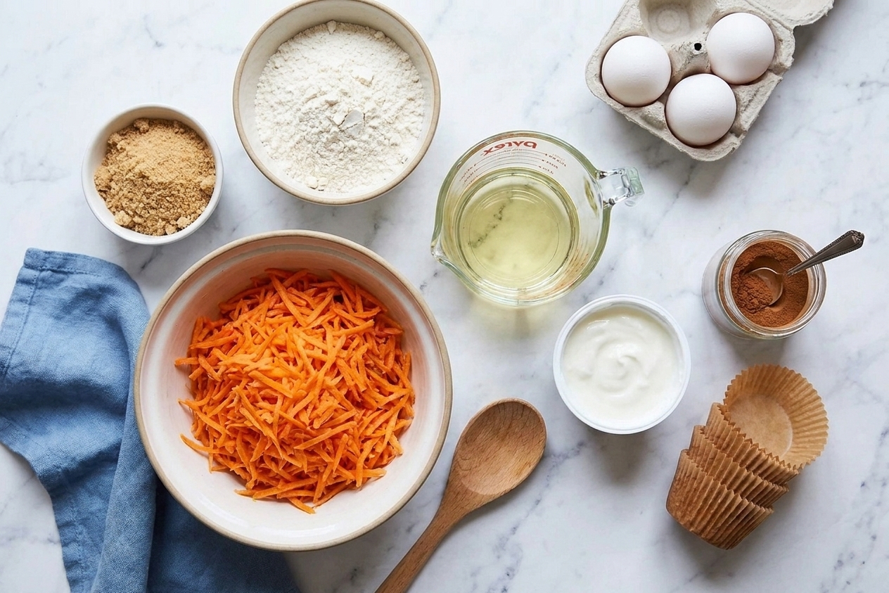 A top-down view of carrot muffin ingredients on a kitchen counter, including shredded carrots, flour, eggs, brown sugar, oil, yogurt, cinnamon, and muffin liners