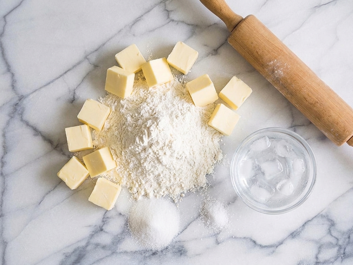 A top-down view of flour, cold butter cubes, salt, sugar, and a small bowl of ice water arranged on a kitchen counter ready for pie crust