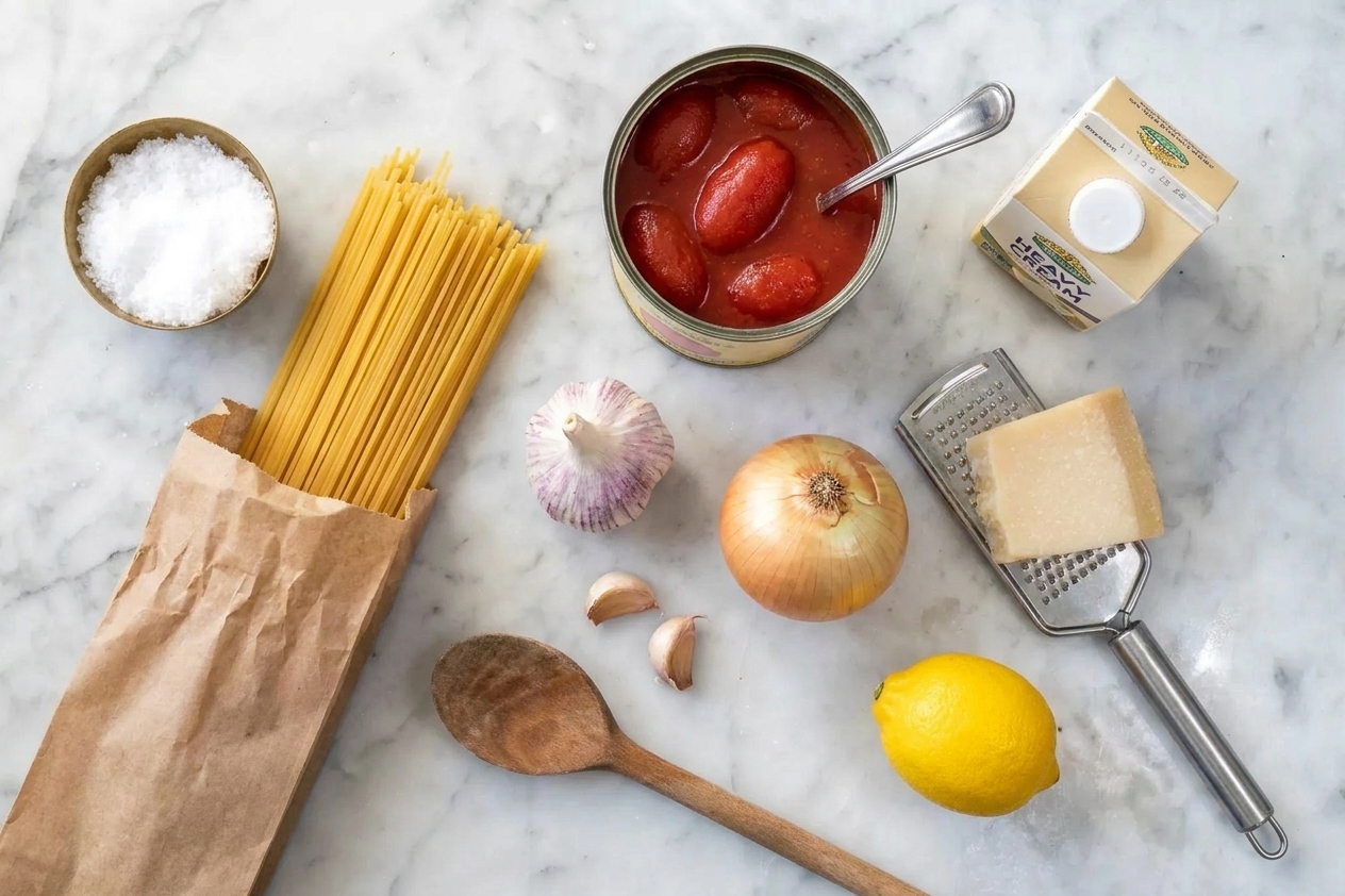 A top-down view of pantry ingredients on a kitchen counter including dried pasta, canned tomatoes, garlic, onion, Parmesan, cream, and a lemon