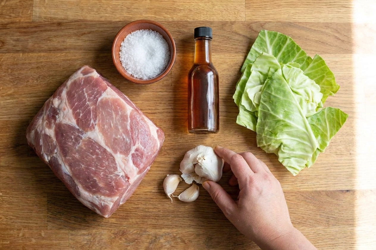 A top-down view of pork shoulder, coarse Hawaiian salt, liquid smoke, garlic, and cabbage arranged on a clean kitchen counter with warm lighting