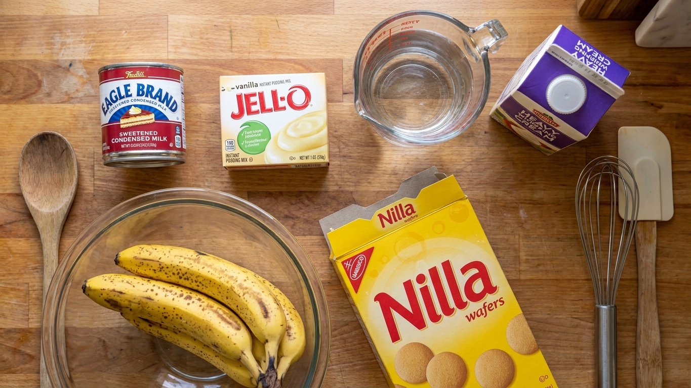 A top-down view of sweetened condensed milk, instant vanilla pudding mix, cold water, heavy cream, vanilla wafers, and ripe bananas arranged on a clean kitchen counter