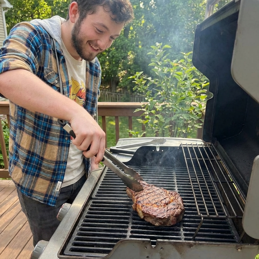 A top sirloin steak searing on a backyard grill over open grates with visible grill marks and light smoke, realistic food photograph