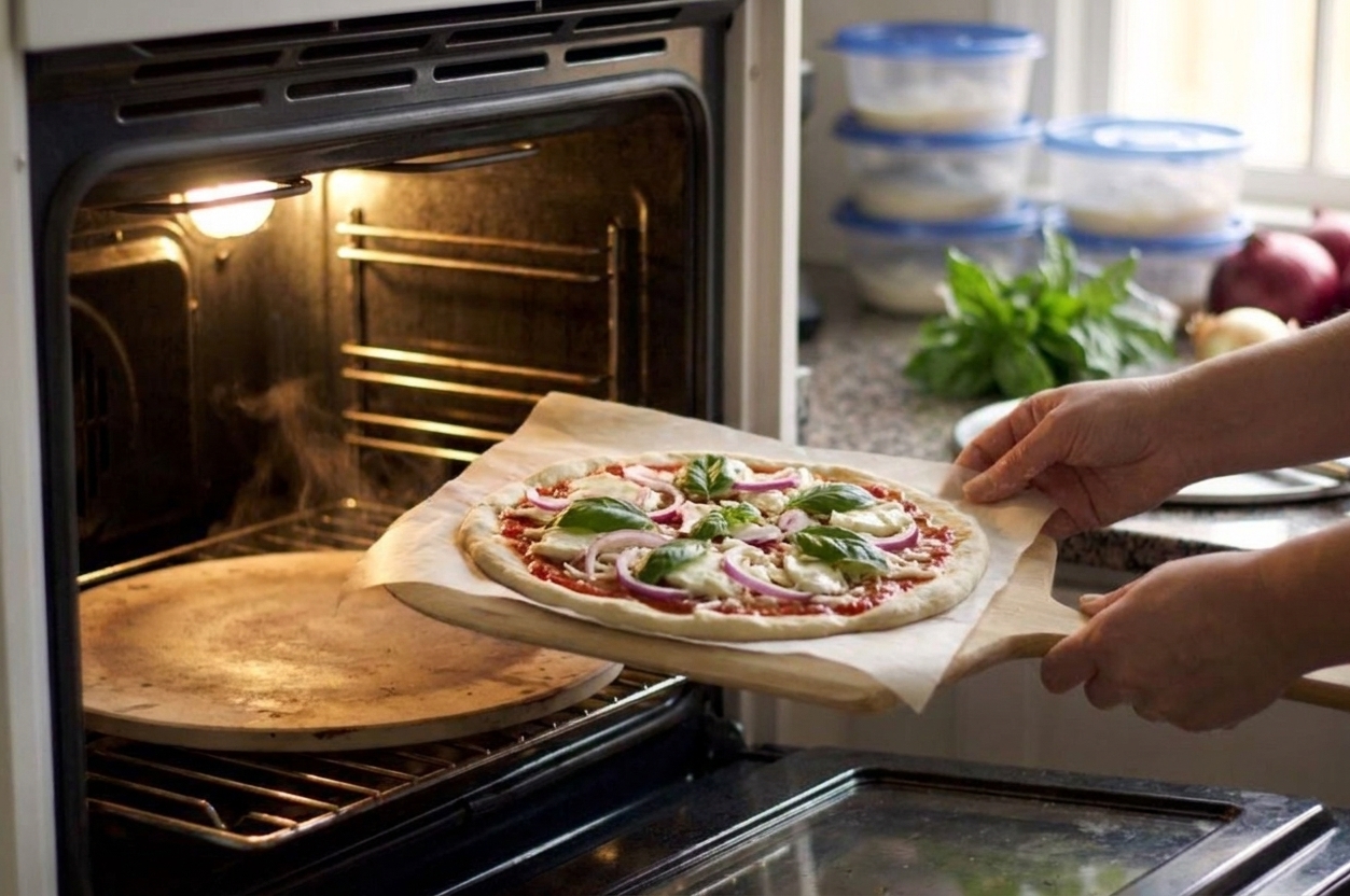 A topped pizza on parchment being slid onto a hot baking stone in a home oven