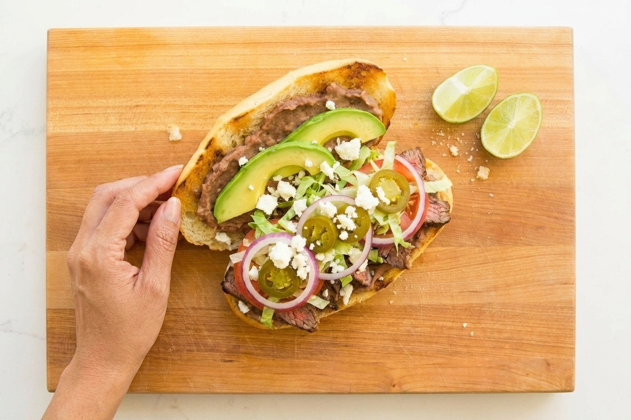 A torta being assembled on a cutting board with toasted bolillo, a layer of refried beans, sliced steak, cheese, avocado, lettuce, tomato, onion, and pickled jalapeños