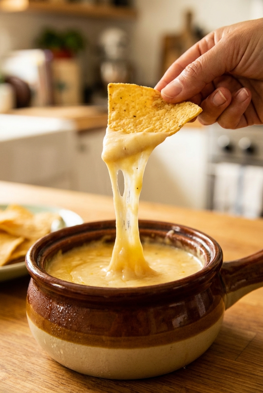 A tortilla chip dipping into a pot of silky queso with a long cheesy pull