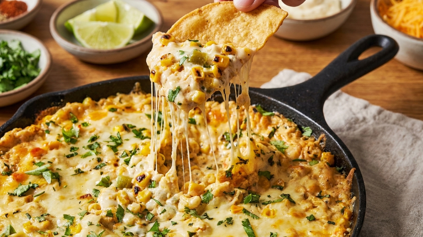 A tortilla chip scooping a warm, cheesy bite of baked Mexican corn dip from a skillet, with stretchy cheese and corn kernels visible