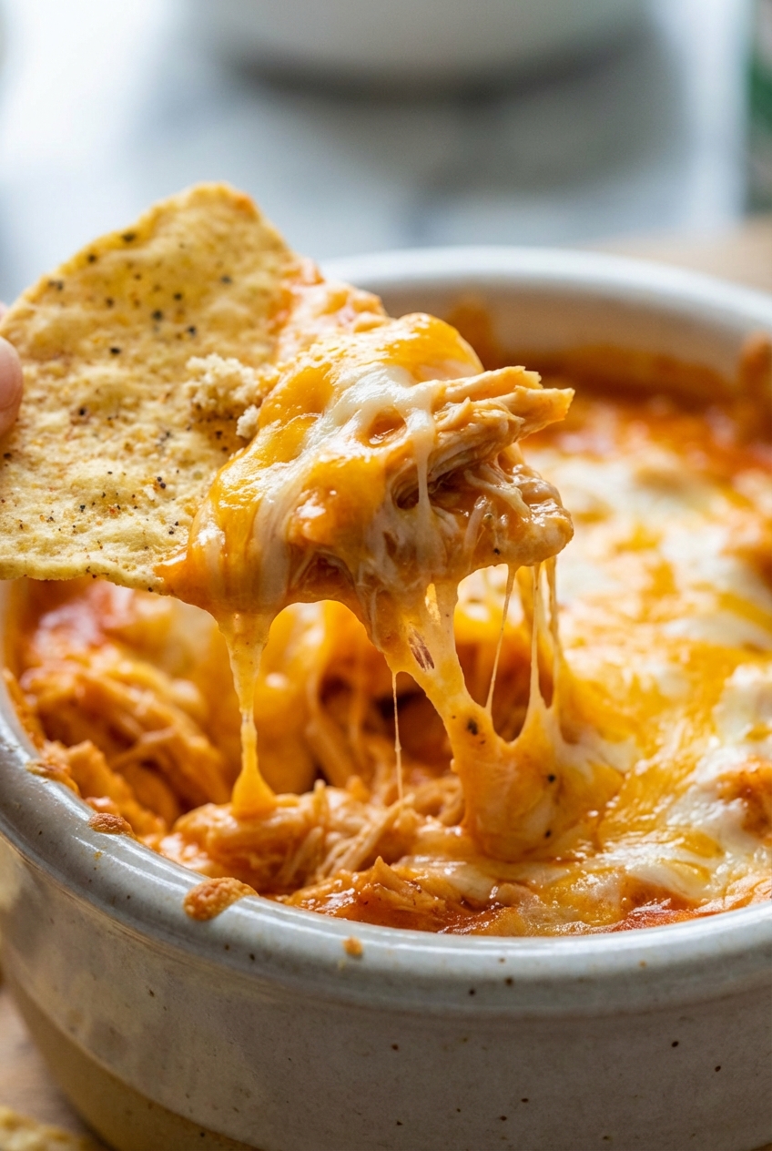 A tortilla chip scooping up a gooey bite of buffalo chicken dip with visible shredded chicken and melted cheese